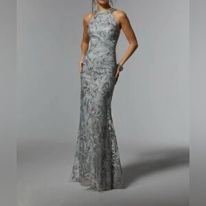 Elegant Silver Halter Evening Dress